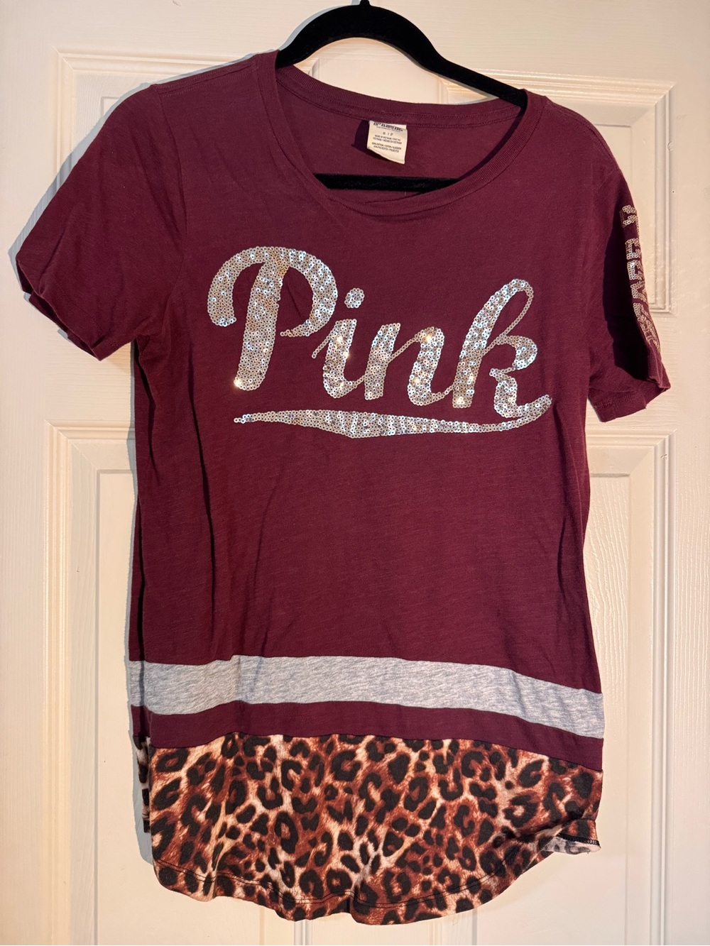 PINK Victoria's Secret Maroon Tee with Leopard Hem and Silver Sequin Logo Small